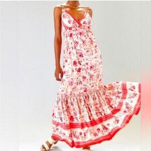 Blue Rain Red and Cream Floral Maxi Dress - Size M